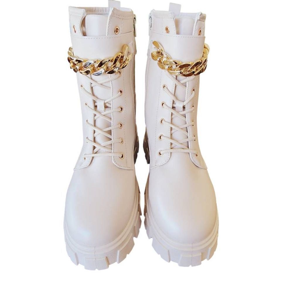 Olivia Miller Womens Ava Combat Boots Beige Vegan Straps Chain Ankle Zip 9 New - Picture 6 of 9